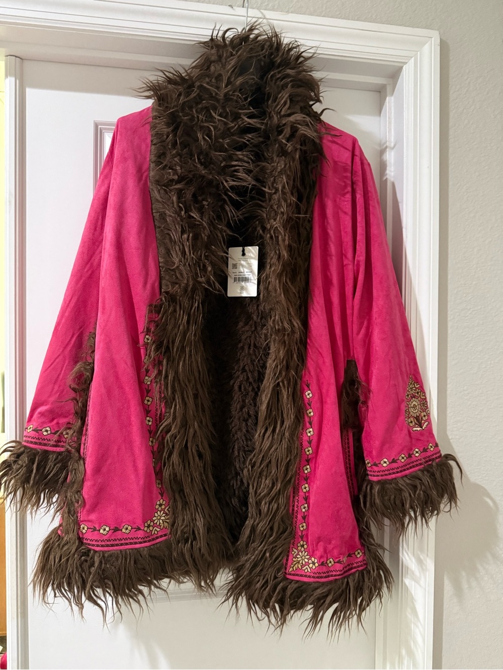 Spell Hot Pink Joplin jacket, Faux Fur Trim Embroidered